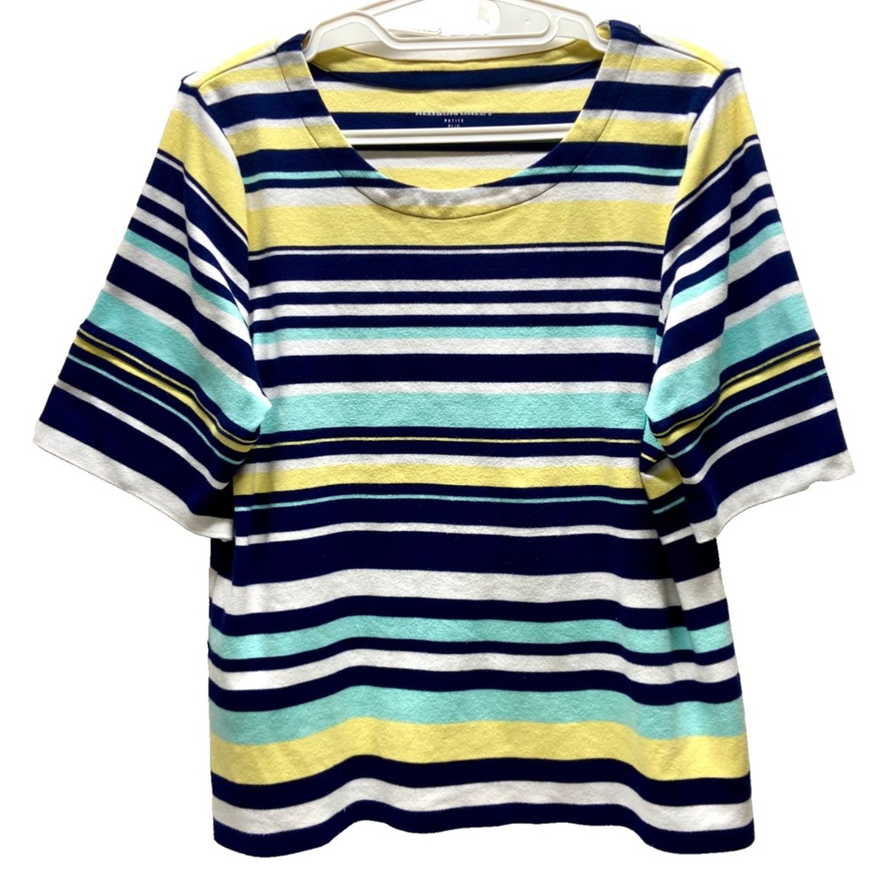 Allison Daley Knit Top Women's Petite Large Navy Yellow Stripe 3/4 Sleeve NWOT